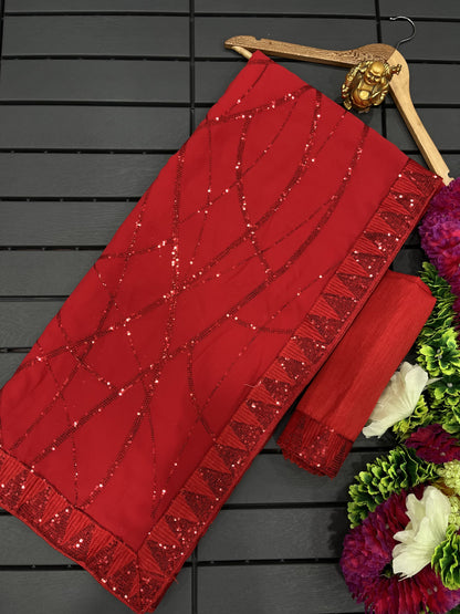 Designer Sequence Work Faux Georgette Red Saree