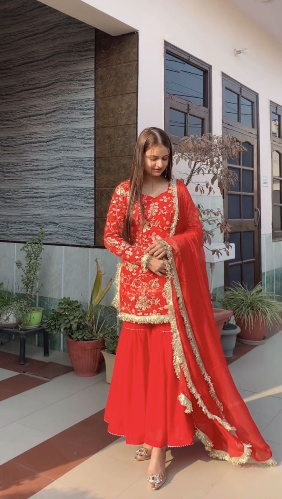 Punjabi Style Red Color Lace Border Wedding Wear Sharara Suit