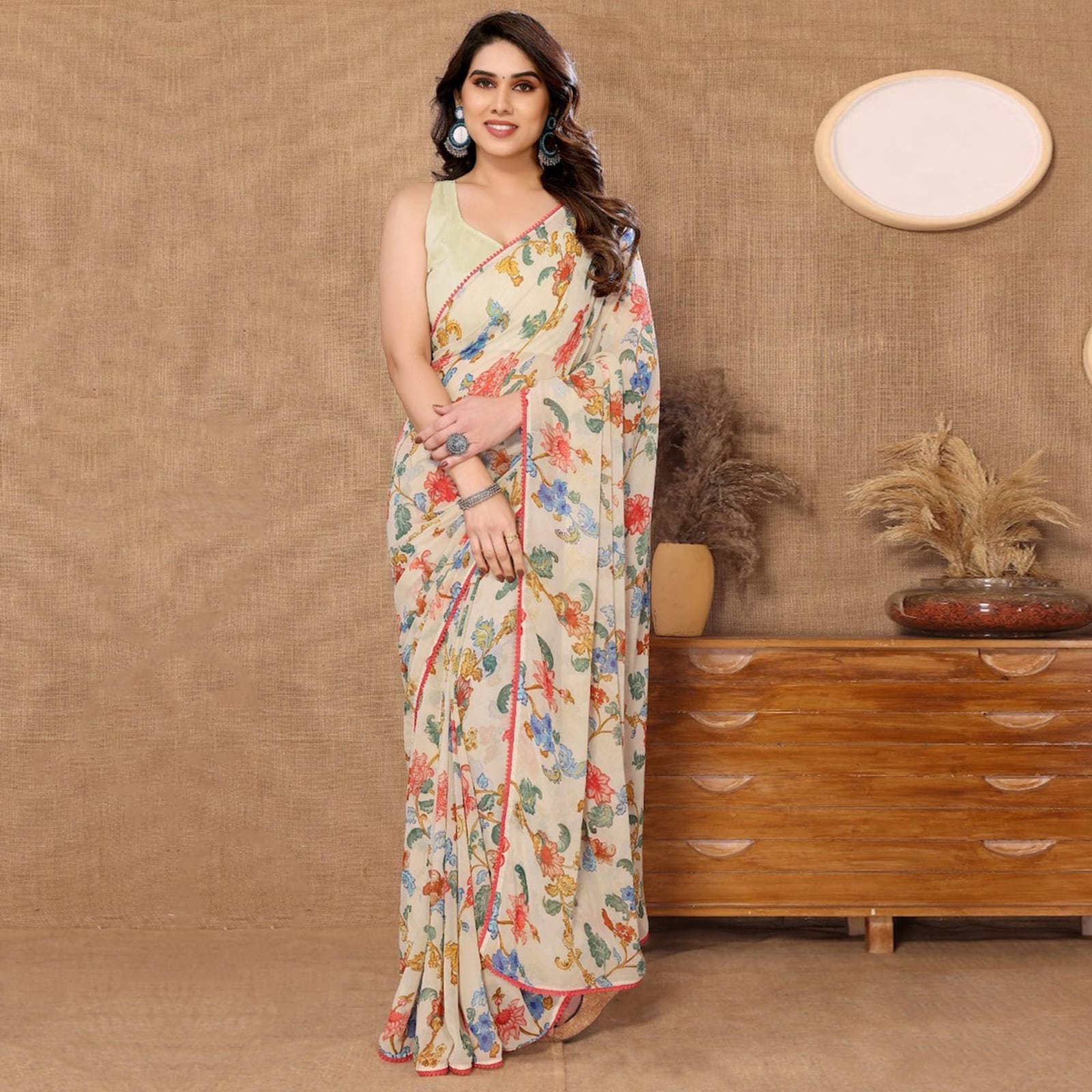 Multi Design Ready To Wear Off White Color Saree