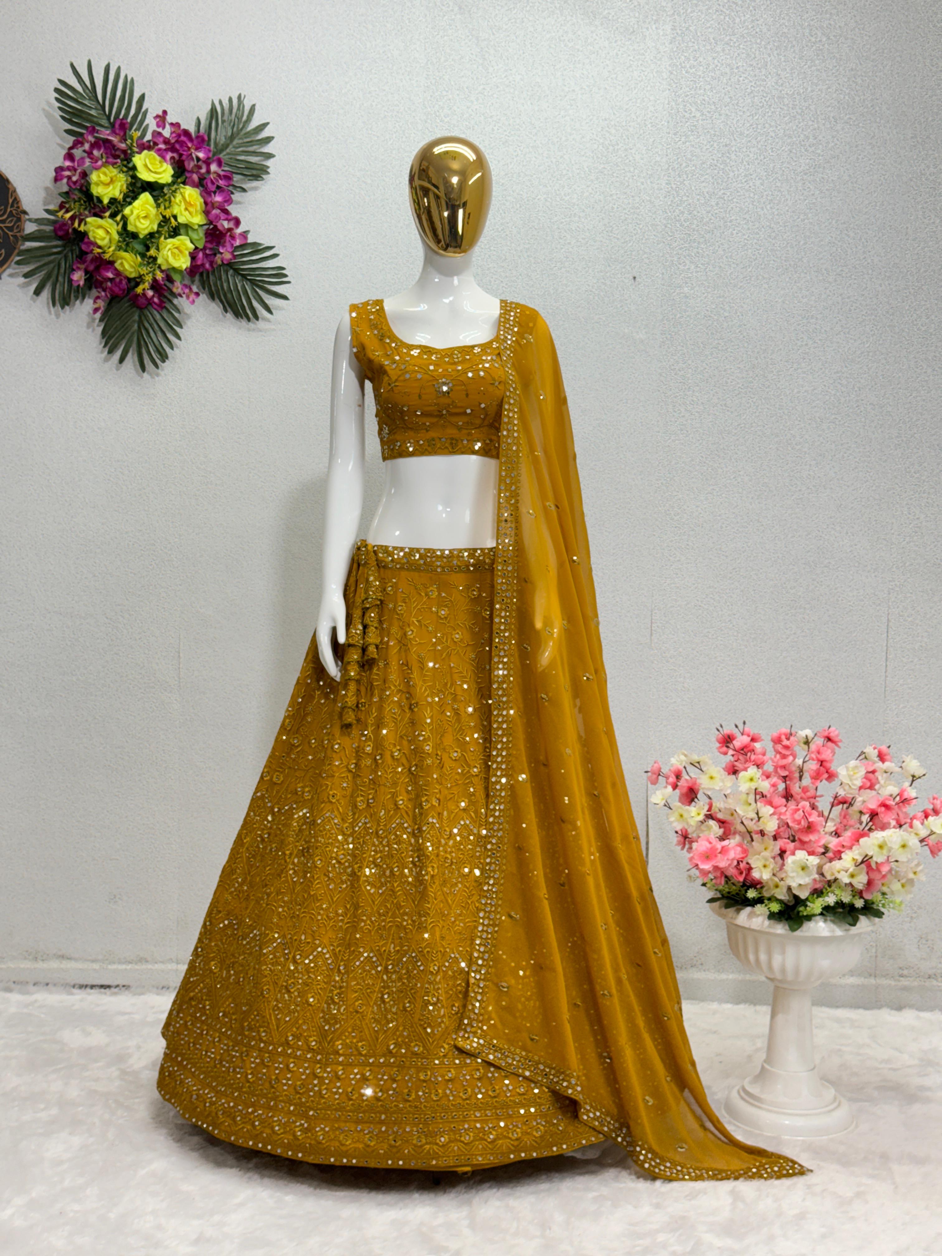 Haldi Wear Mustard Color Heavy Embroidery Sequence Work Lehenga Choli