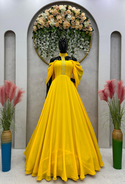 Beautiful Neck Pattern Yellow Color Long Gown