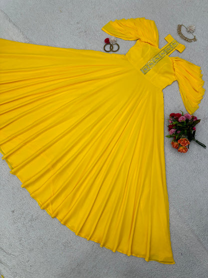 Beautiful Neck Pattern Yellow Color Long Gown