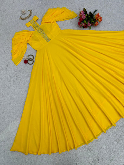 Beautiful Neck Pattern Yellow Color Long Gown