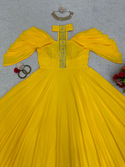 Beautiful Neck Pattern Yellow Color Long Gown