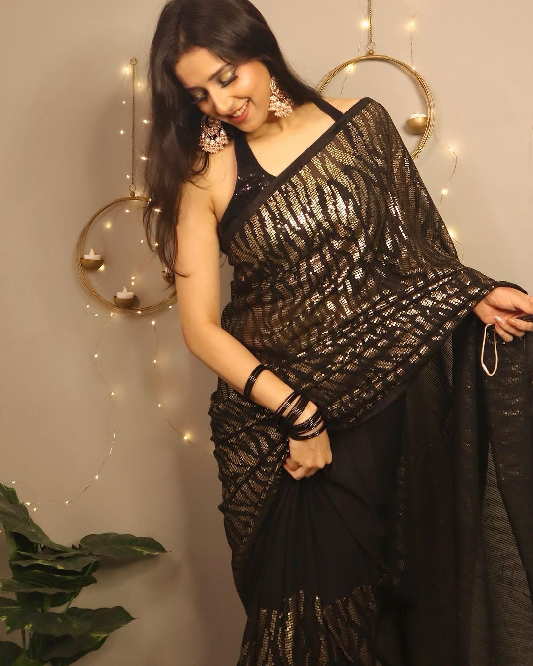 Embellished Heavy Full Sequence Work Black Color Saree