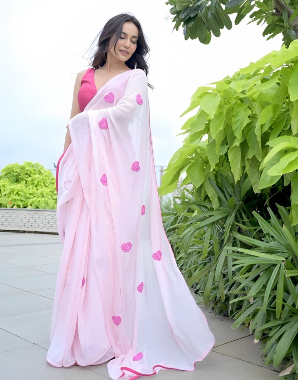 Celebrity Style Heart Design Ready To Wear Pink Saree