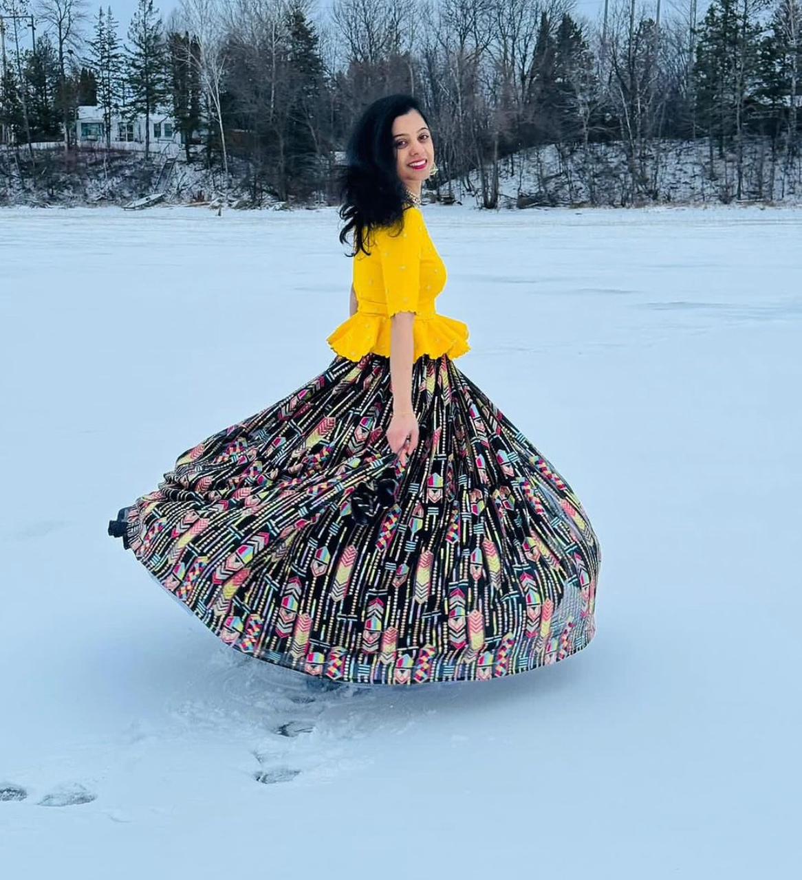 Classic Thread Work Yellow Top With Printed Black Lehenga