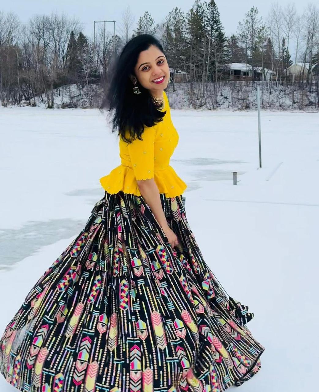 Classic Thread Work Yellow Top With Printed Black Lehenga