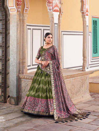 Attractive Green Color Ajrakh Printed Lehenga Choli