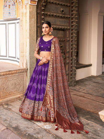 Attractive Purple Color Ajrakh Printed Lehenga Choli