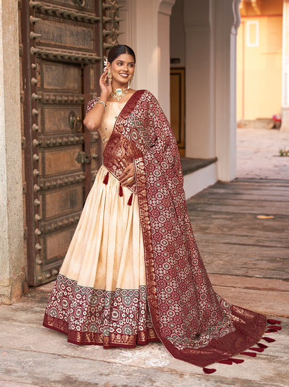 Attractive Off White Color Ajrakh Printed Lehenga Choli