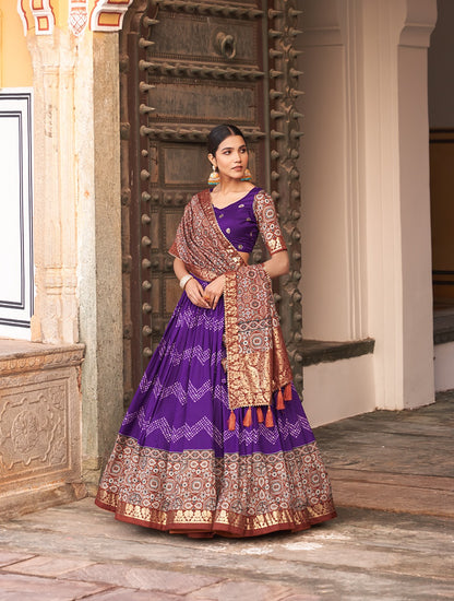 Attractive Purple Color Ajrakh Printed Lehenga Choli