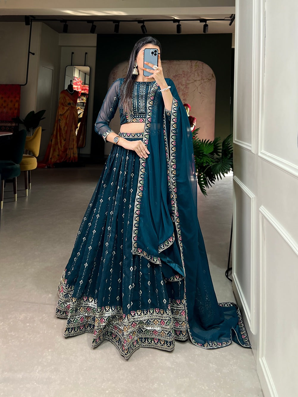 Engagement Wear Heavy Work Teal Blue Lehenga Choli