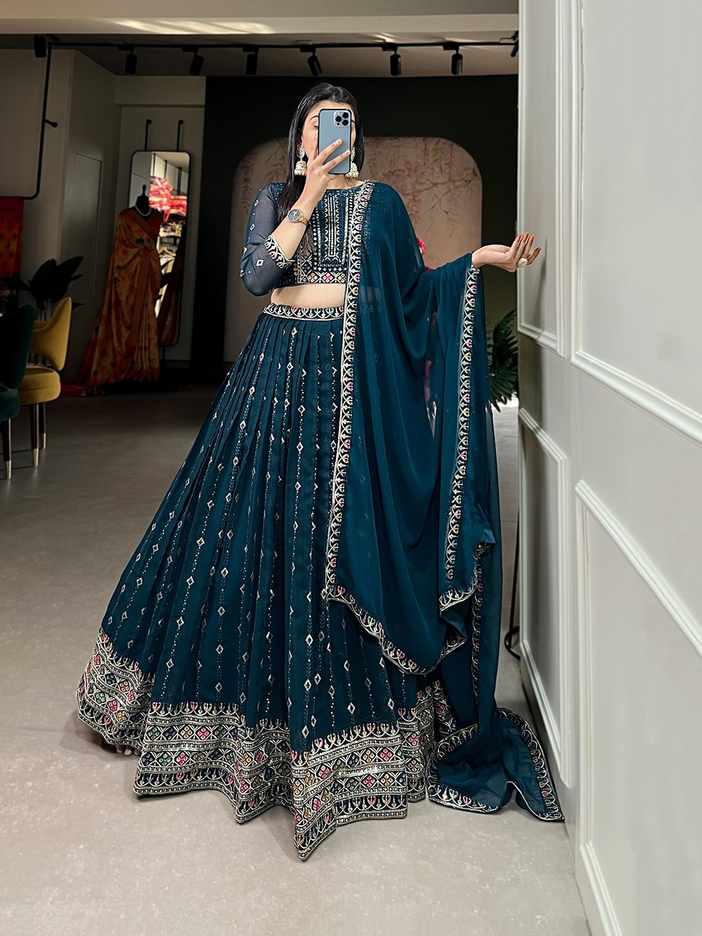 Engagement Wear Heavy Work Teal Blue Lehenga Choli