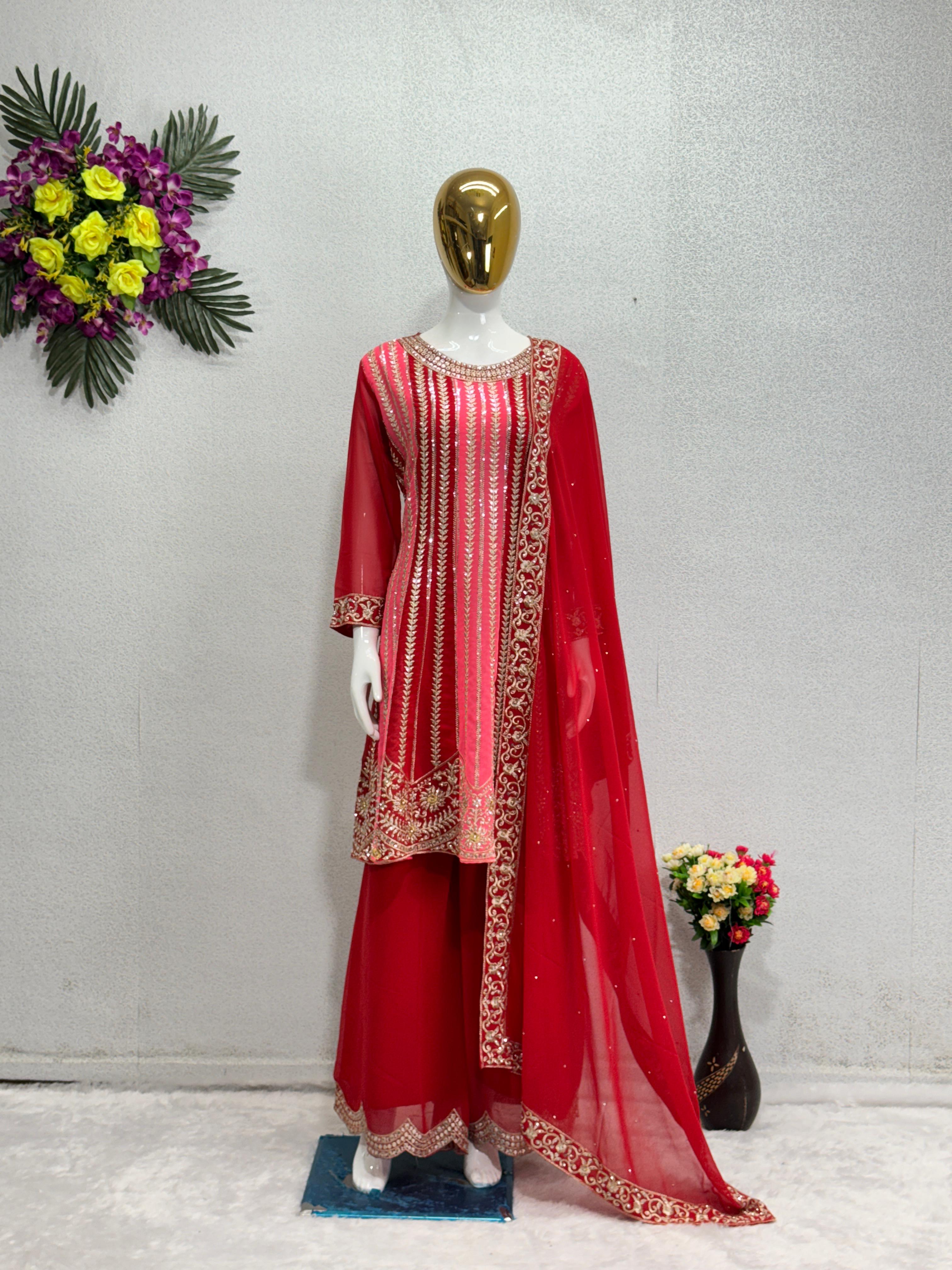 Fabulous Heavy Embroidery Sequence Work Maroon Sharara Suit