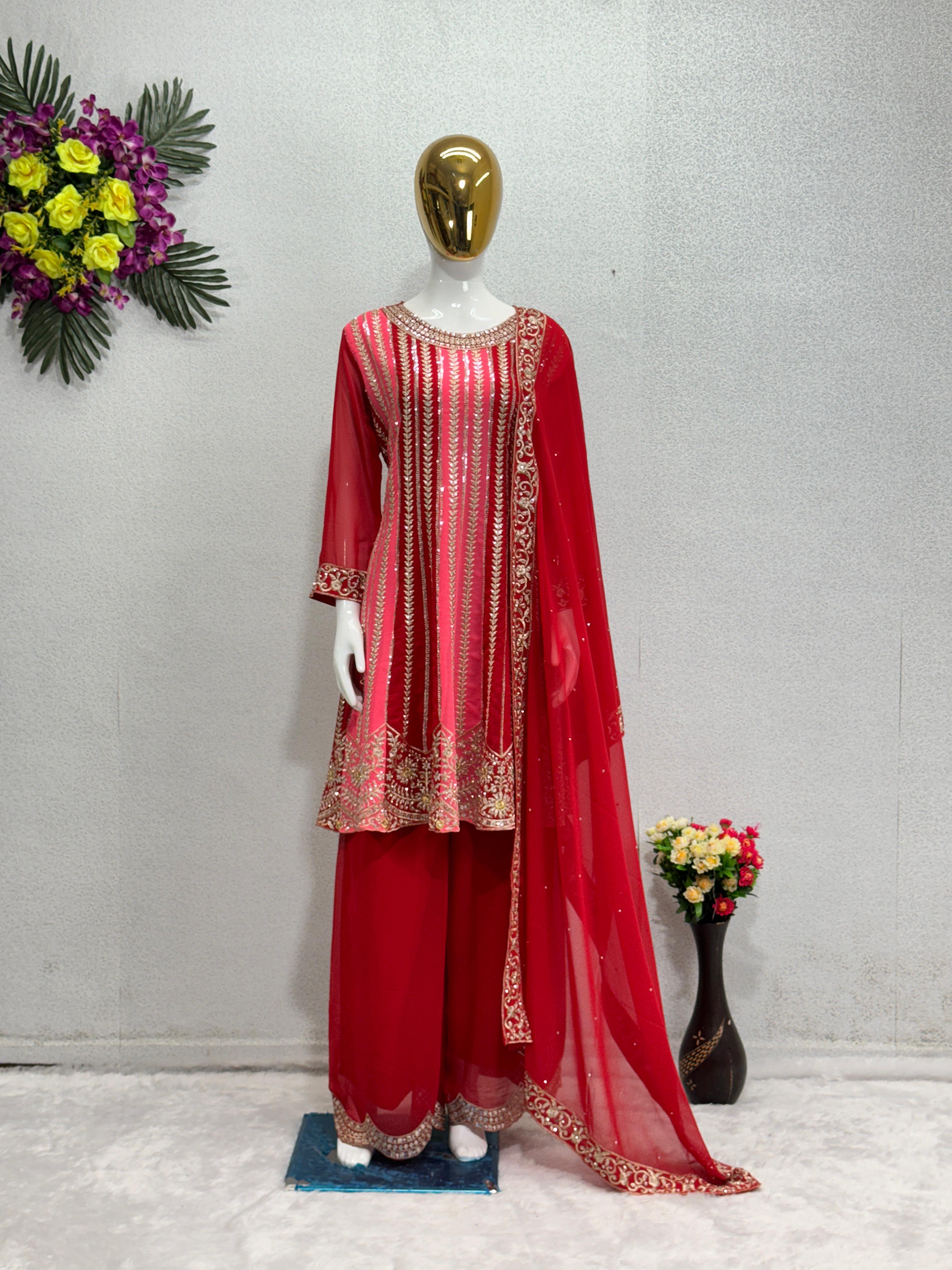 Fabulous Heavy Embroidery Sequence Work Maroon Sharara Suit