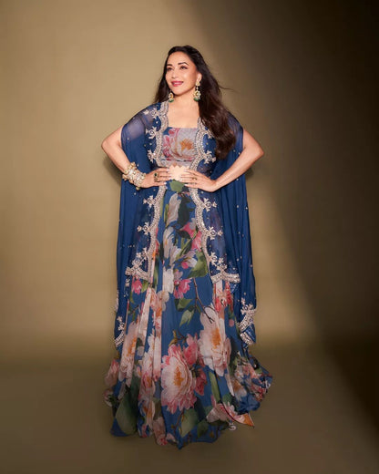 Celebrity Style Multi Printed Blue Color Lehenga Choli With Dupatta