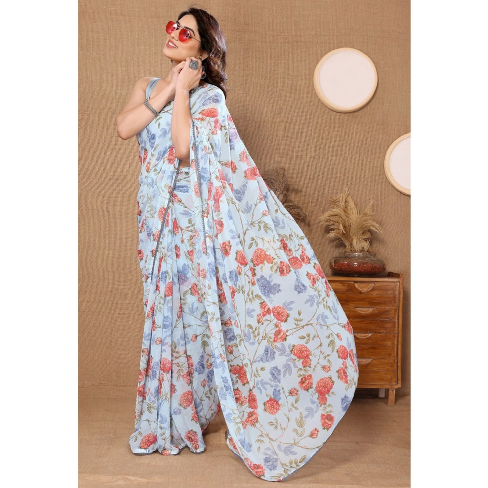 Sky Blue Color Flower Digital Print Design Ready To Wear Saree