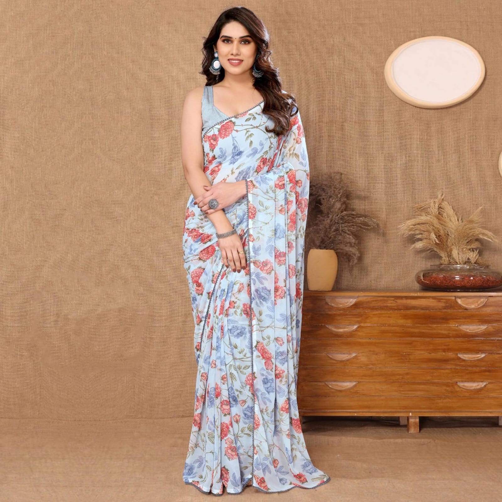 Sky Blue Color Flower Digital Print Design Ready To Wear Saree