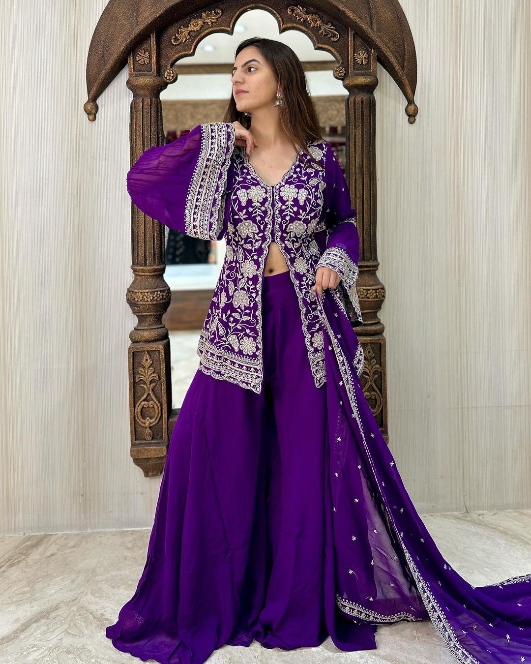 Purple Color With Heavy Embroidery Work Sharara Suit