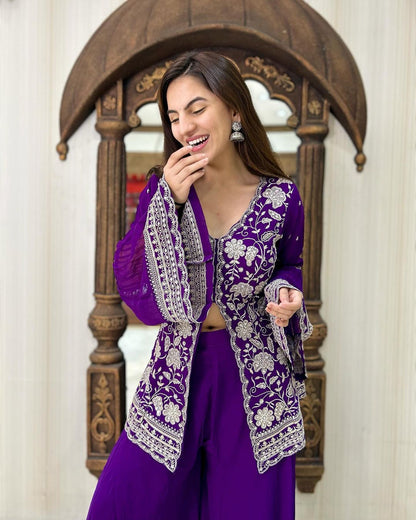 Purple Color With Heavy Embroidery Work Sharara Suit