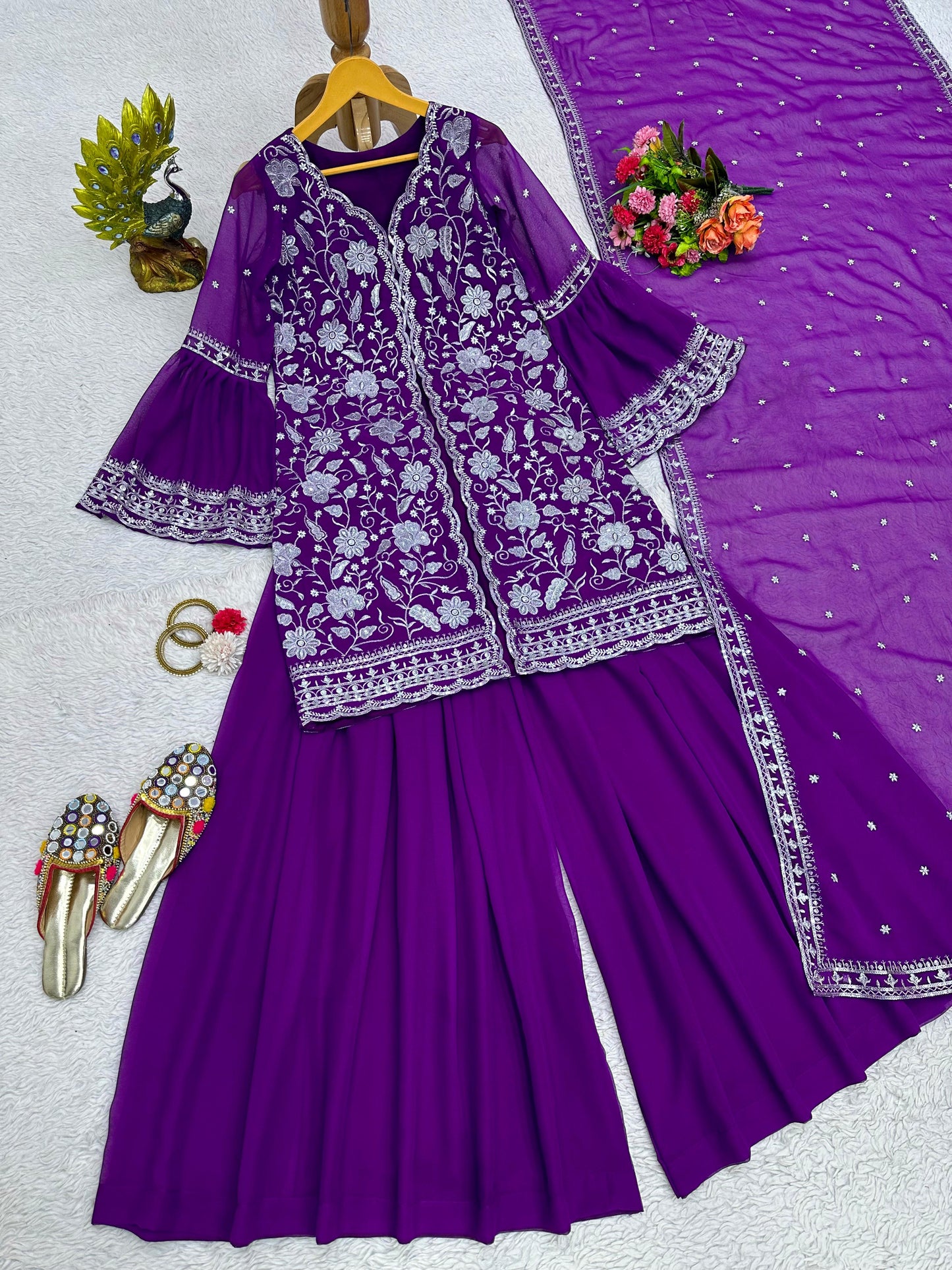 Purple Color With Heavy Embroidery Work Sharara Suit