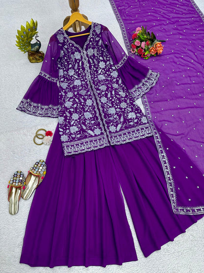 Purple Color With Heavy Embroidery Work Sharara Suit