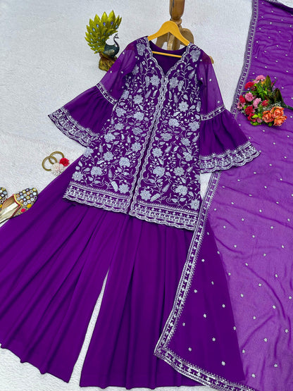 Purple Color With Heavy Embroidery Work Sharara Suit