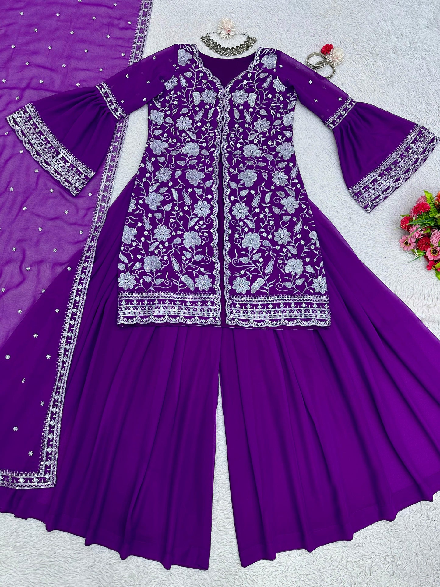 Purple Color With Heavy Embroidery Work Sharara Suit