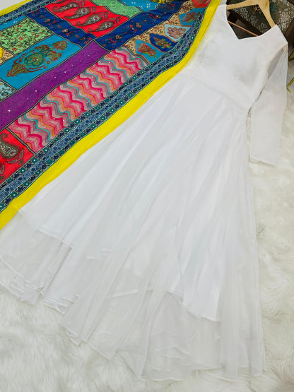 Fancy White Gown With Multicolor Printed Beautiful Dupatta