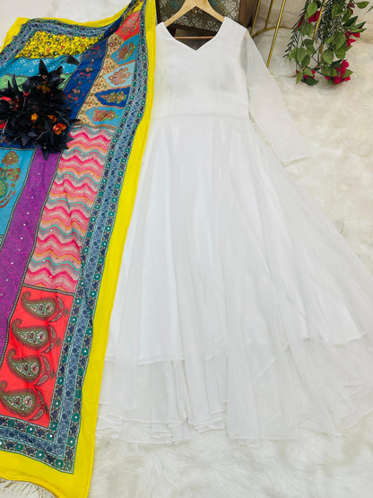 Fancy White Gown With Multicolor Printed Beautiful Dupatta