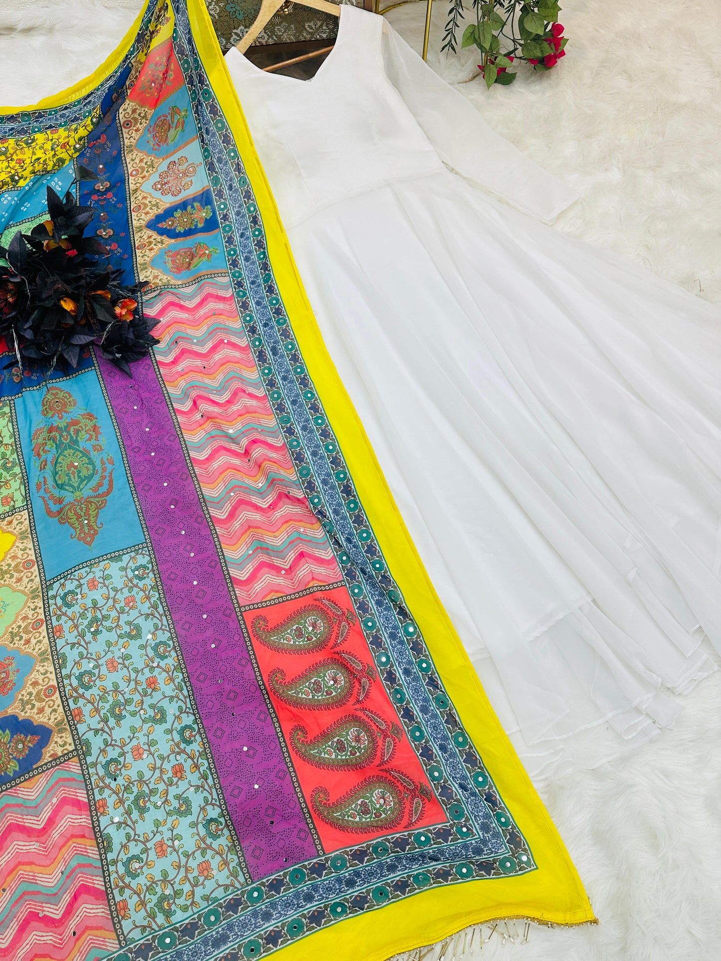 Fancy White Gown With Multicolor Printed Beautiful Dupatta