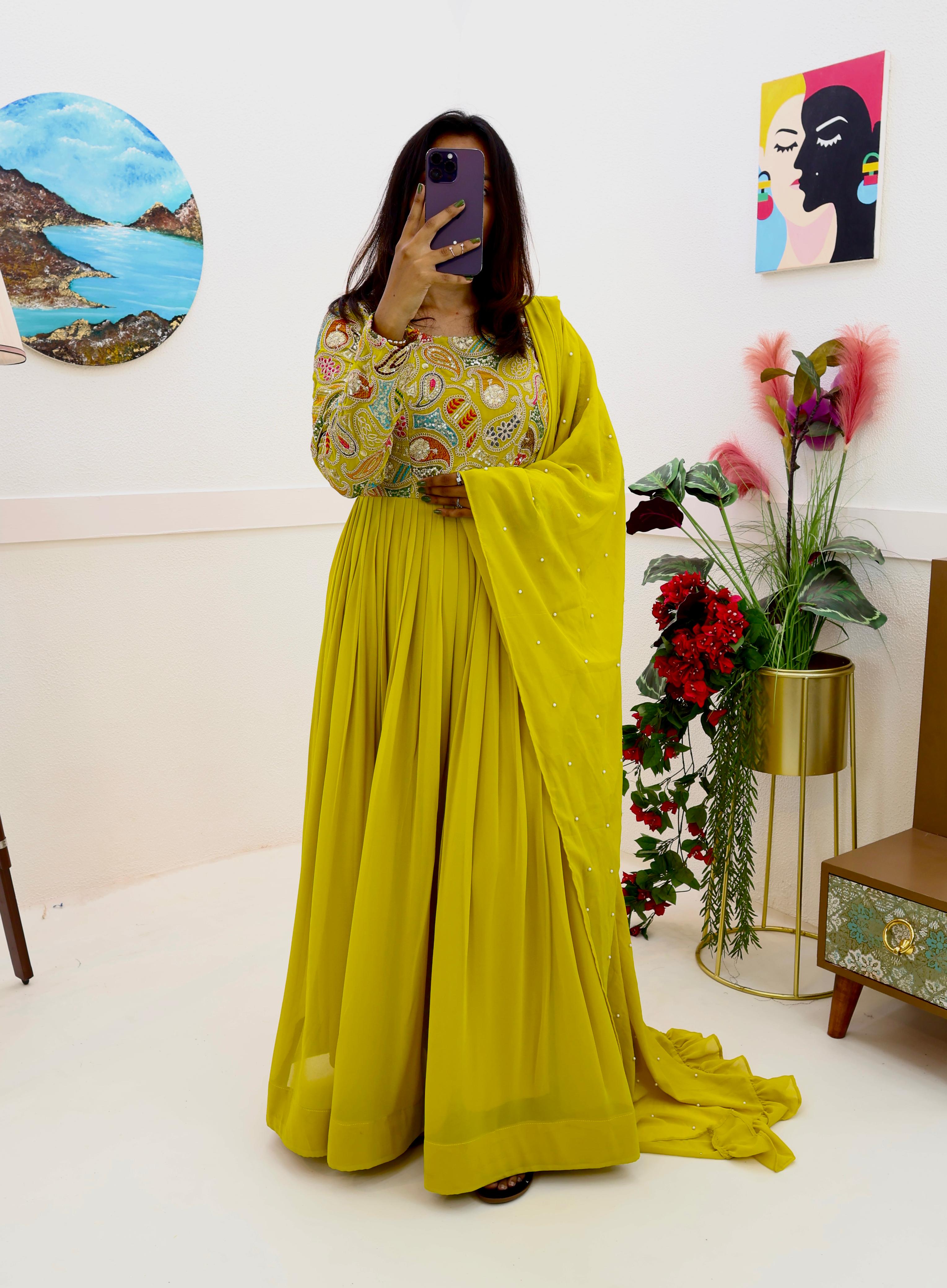 Yellow Sequence Work Georgette Long Gown