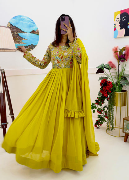 Yellow Sequence Work Georgette Long Gown