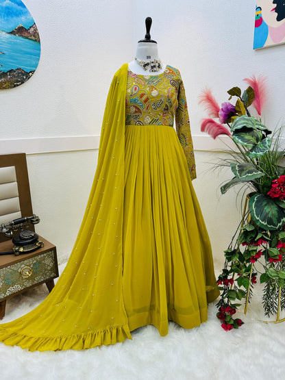 Yellow Sequence Work Georgette Long Gown