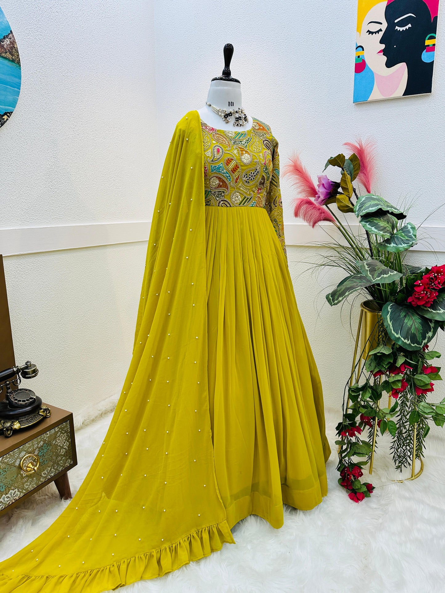 Yellow Sequence Work Georgette Long Gown