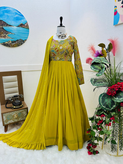 Yellow Sequence Work Georgette Long Gown