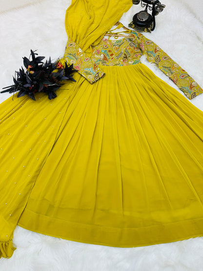 Yellow Sequence Work Georgette Long Gown