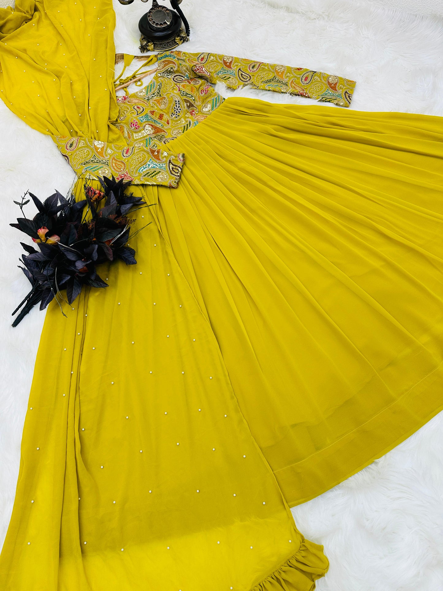 Yellow Sequence Work Georgette Long Gown