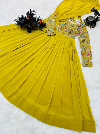 Yellow Sequence Work Georgette Long Gown