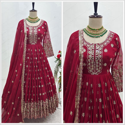 Eye Catching Maroon Color Embroidery Work Gown