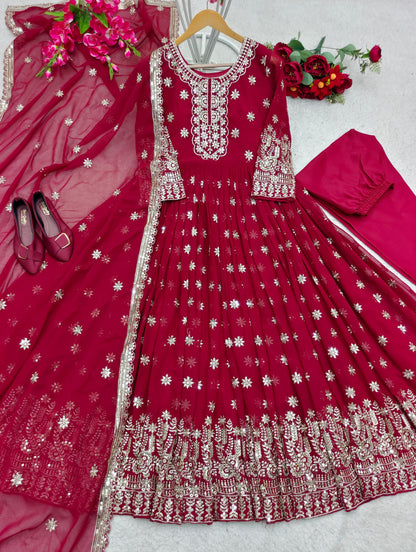 Eye Catching Maroon Color Embroidery Work Gown