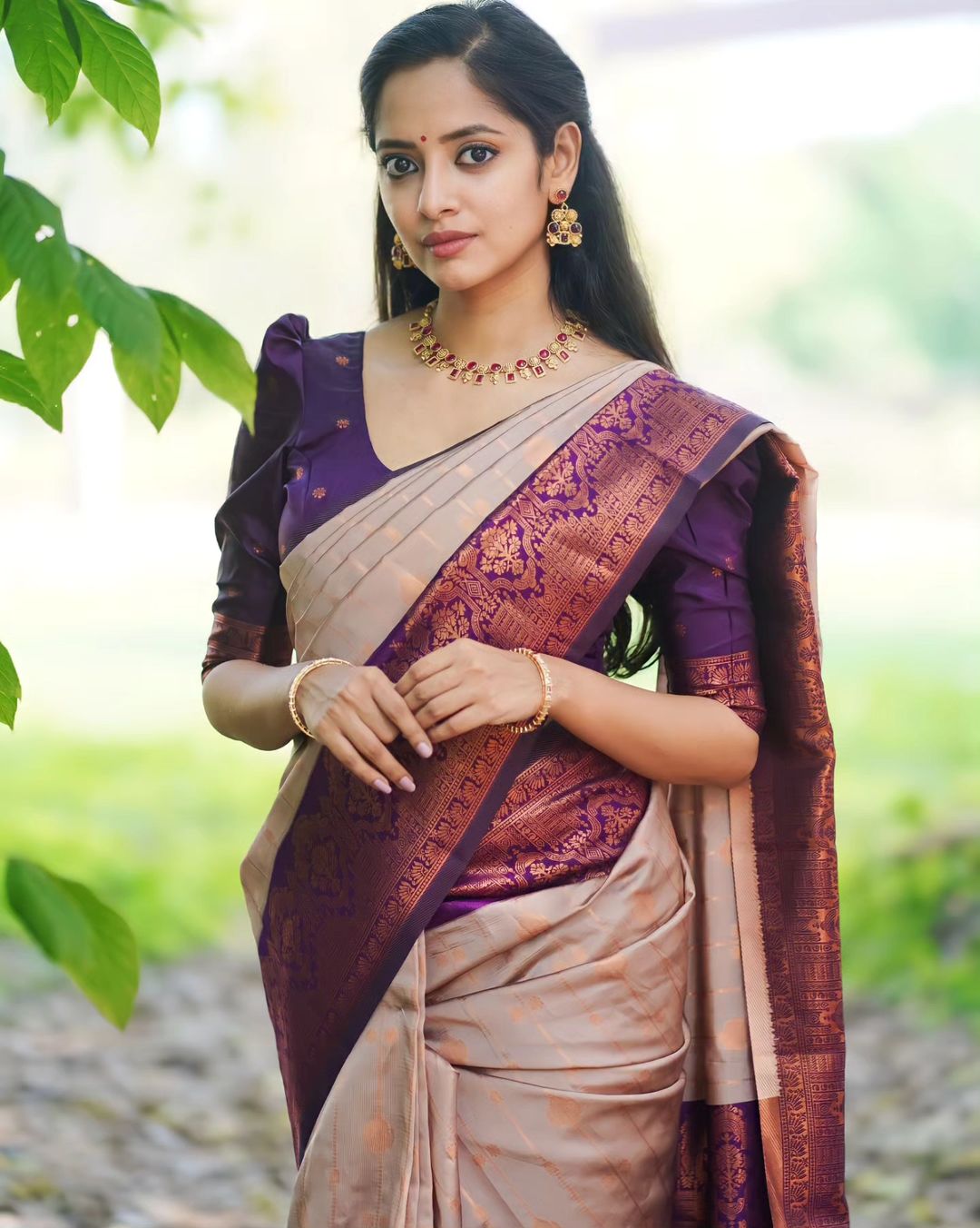 Stunning Jacquard Work Purple Border With Beige Color Saree