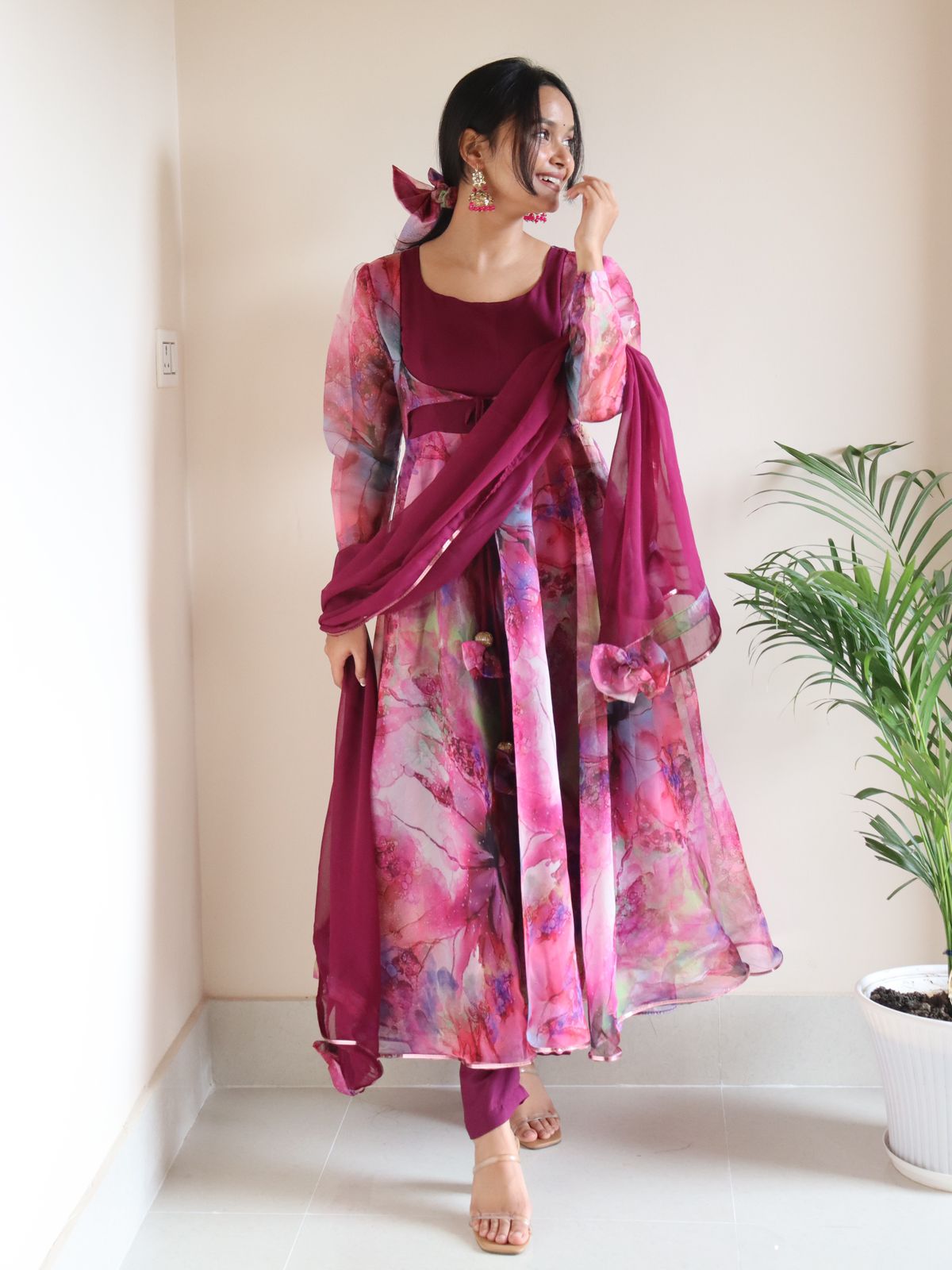 Stunning Multi Color Print With Wine Color Anarkali Suit