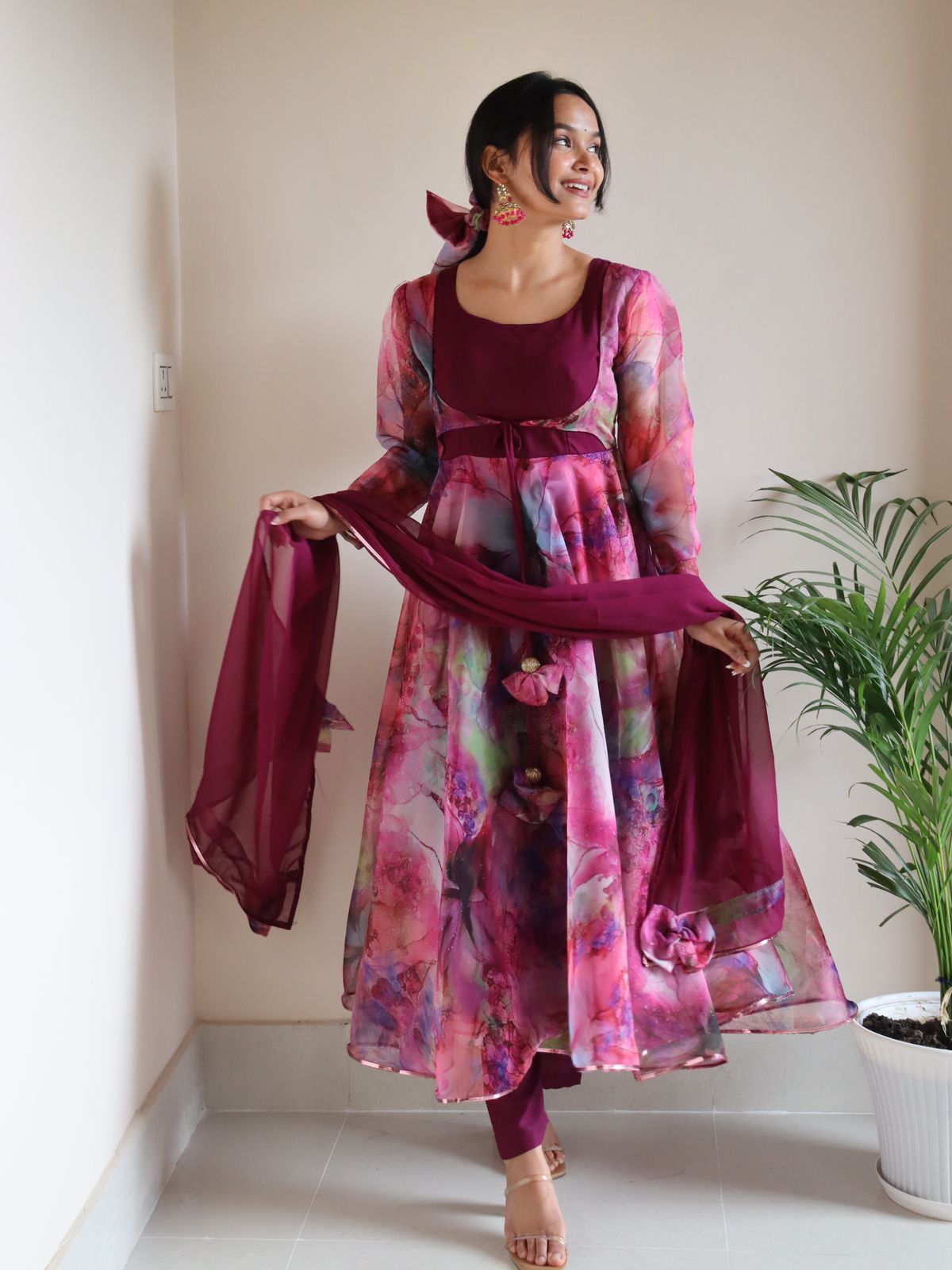 Stunning Multi Color Print With Wine Color Anarkali Suit