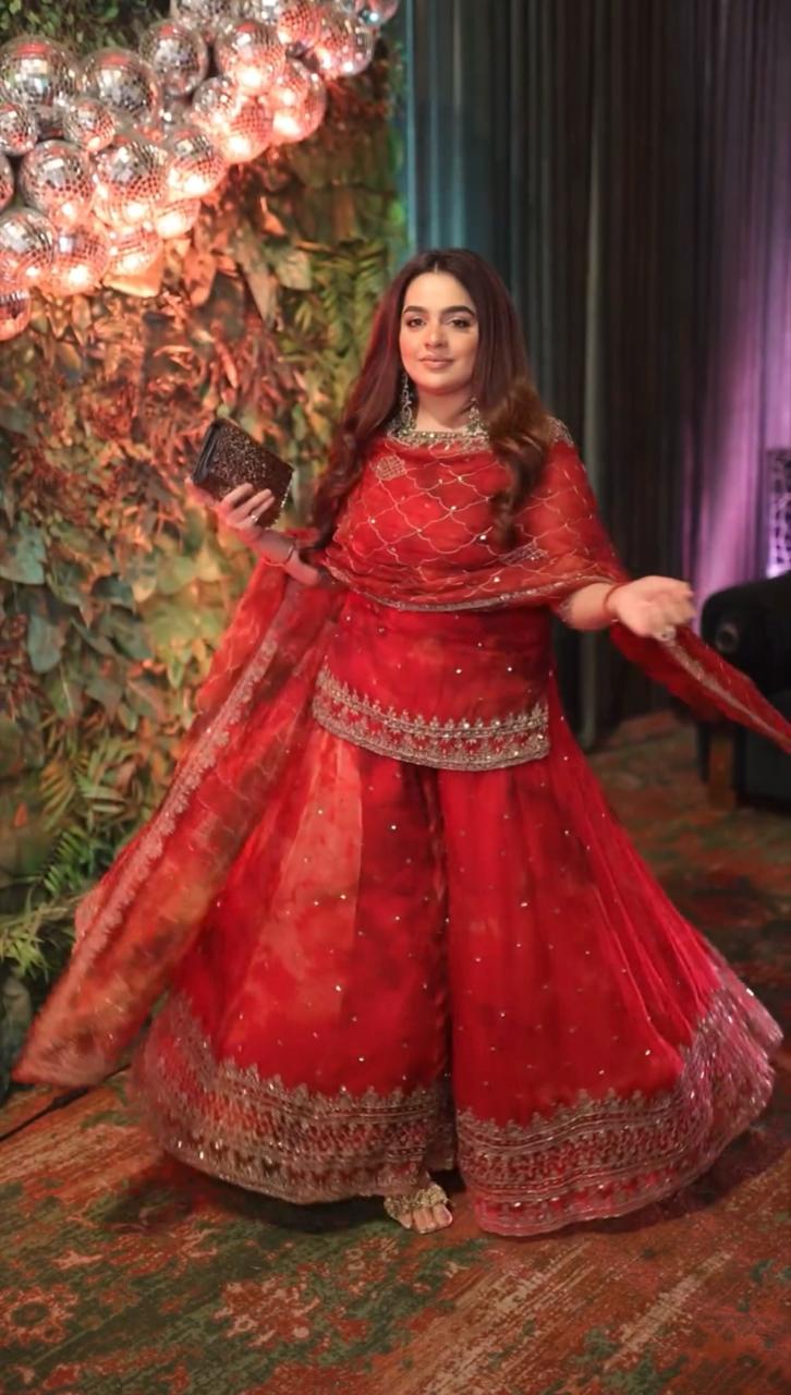 Elegant Red Color Shibori Print Organza Silk Sharara Suit