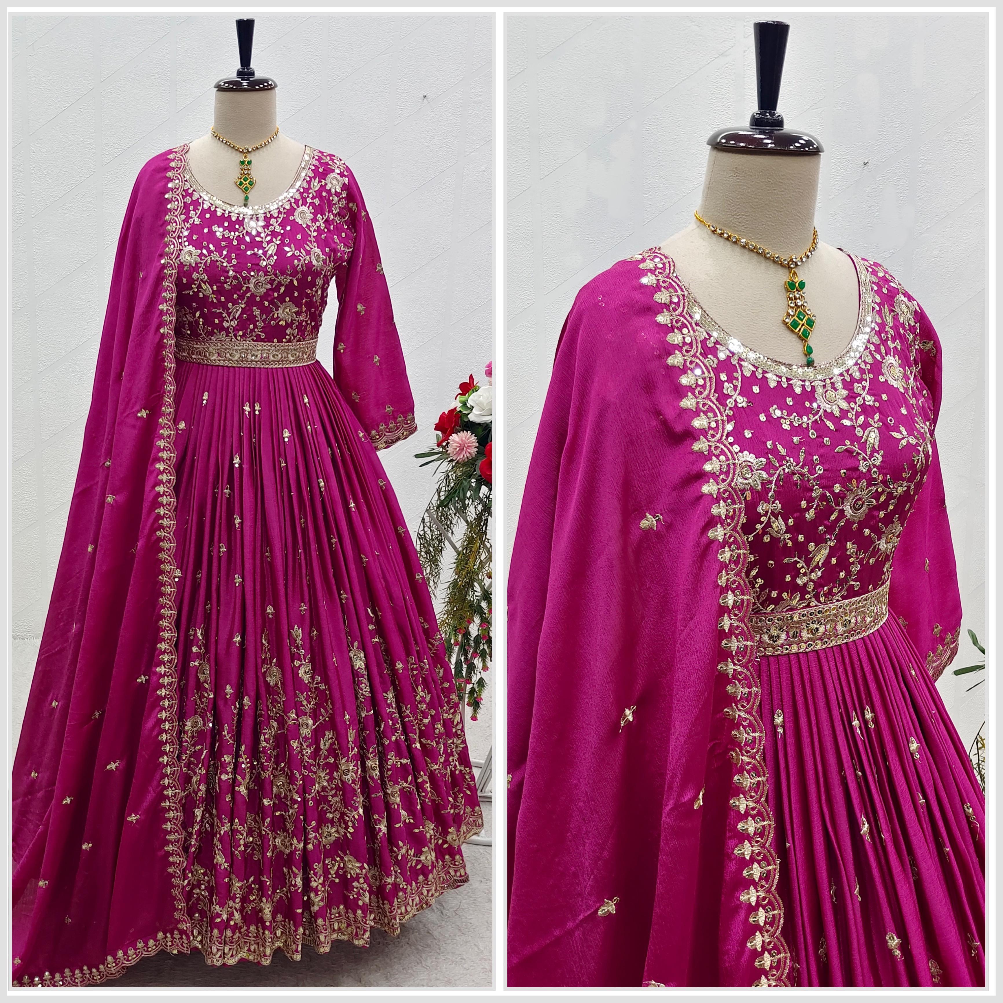 Wedding Wear  Dark Pink Sequence Embroidery Work Long Gown