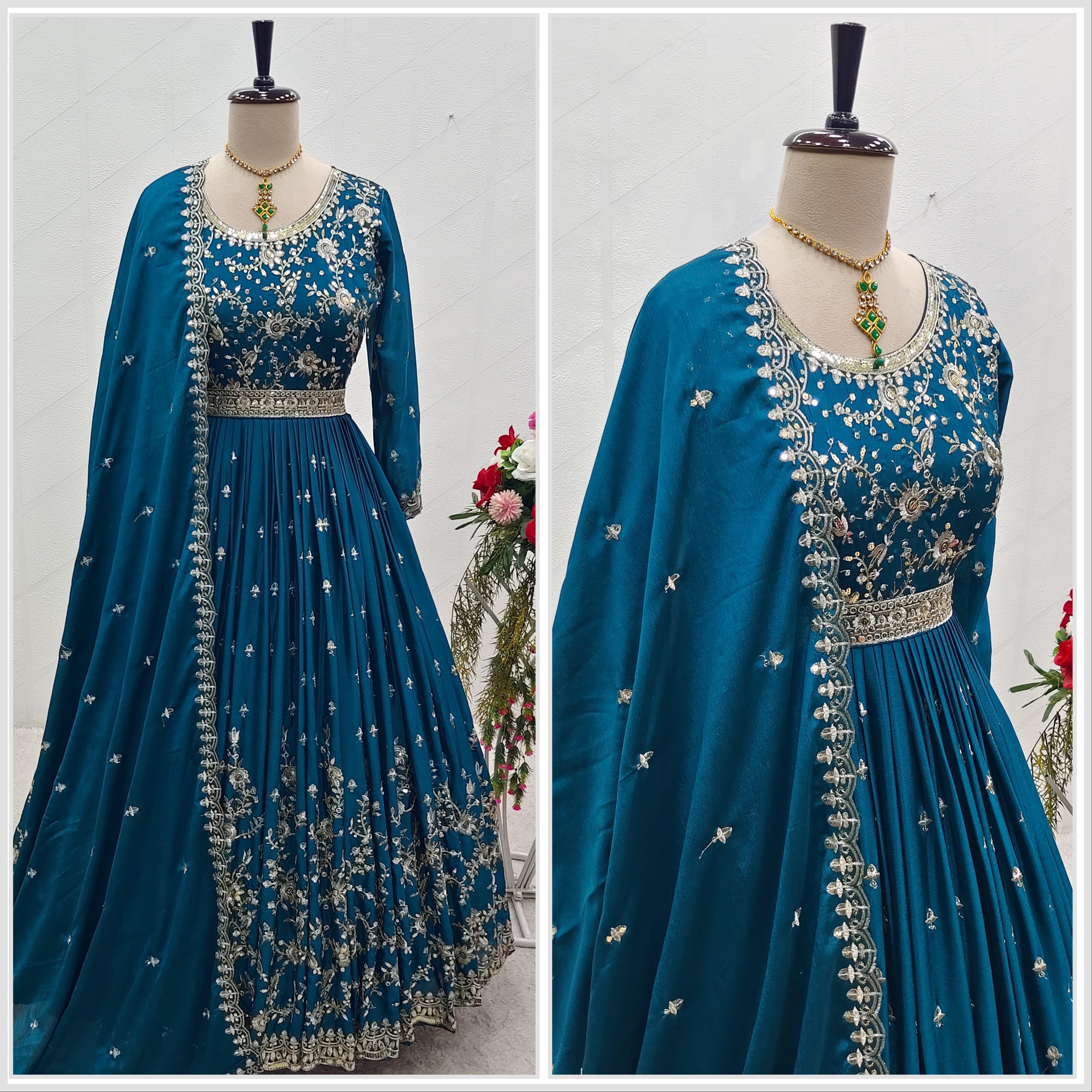 Wedding Wear Teal Blue Sequence Embroidery Work Long Gown