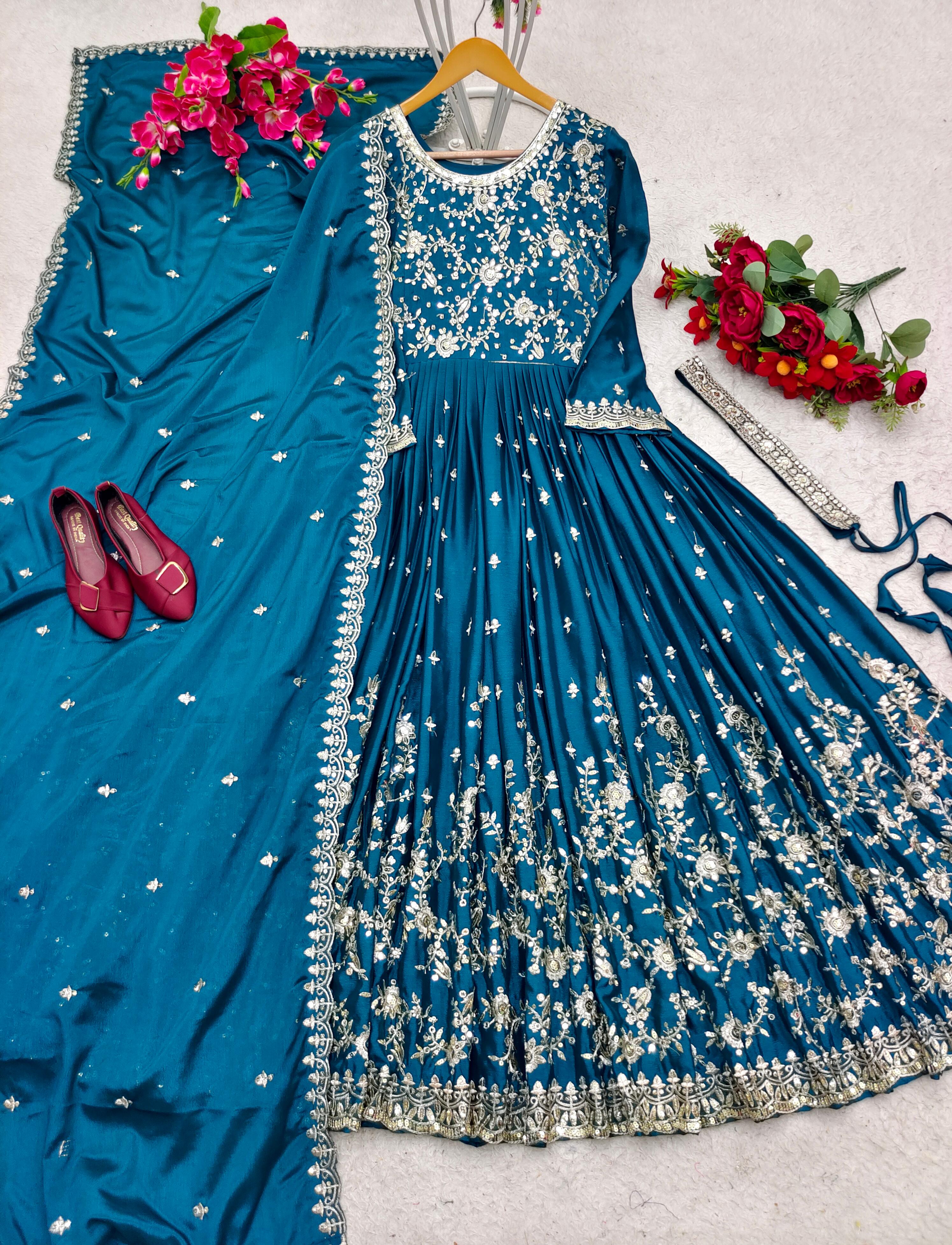 Wedding Wear Teal Blue Sequence Embroidery Work Long Gown