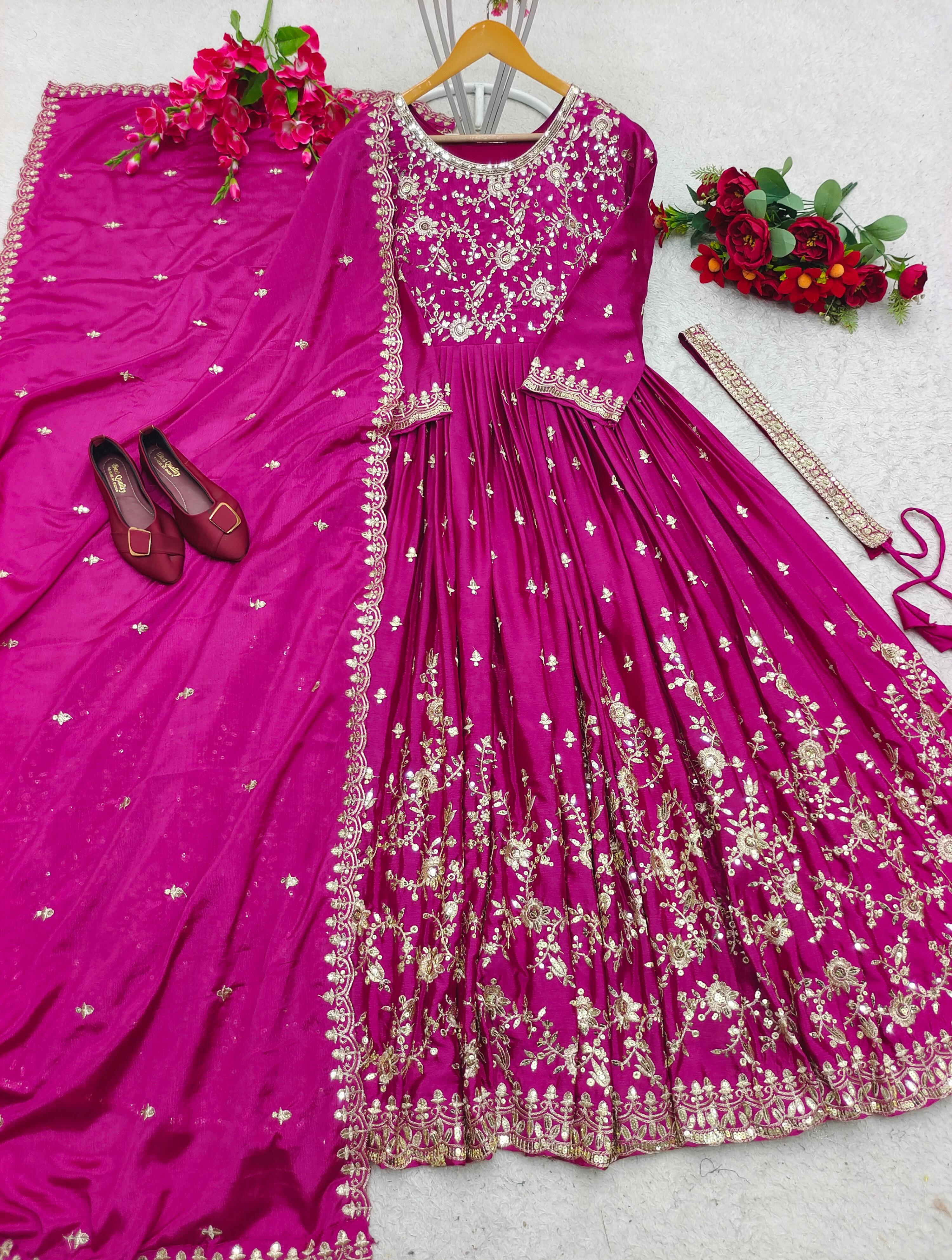 Wedding Wear  Dark Pink Sequence Embroidery Work Long Gown